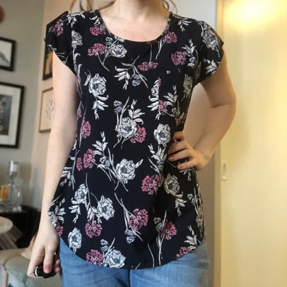 Navy Short Sleeve Blouse with Pink & White Florals